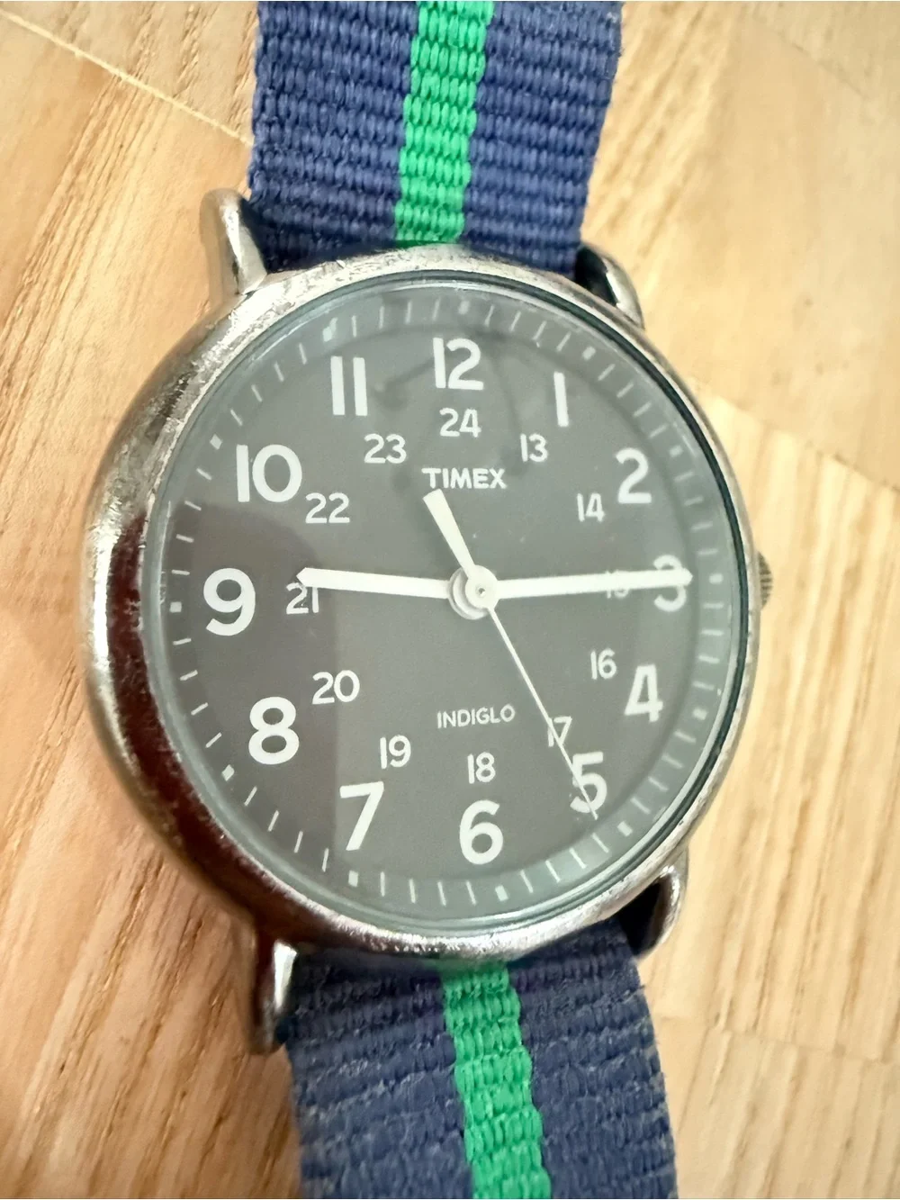 Timex weekender charcoal dial green navy blue stripe strap watch NEW BATTERY